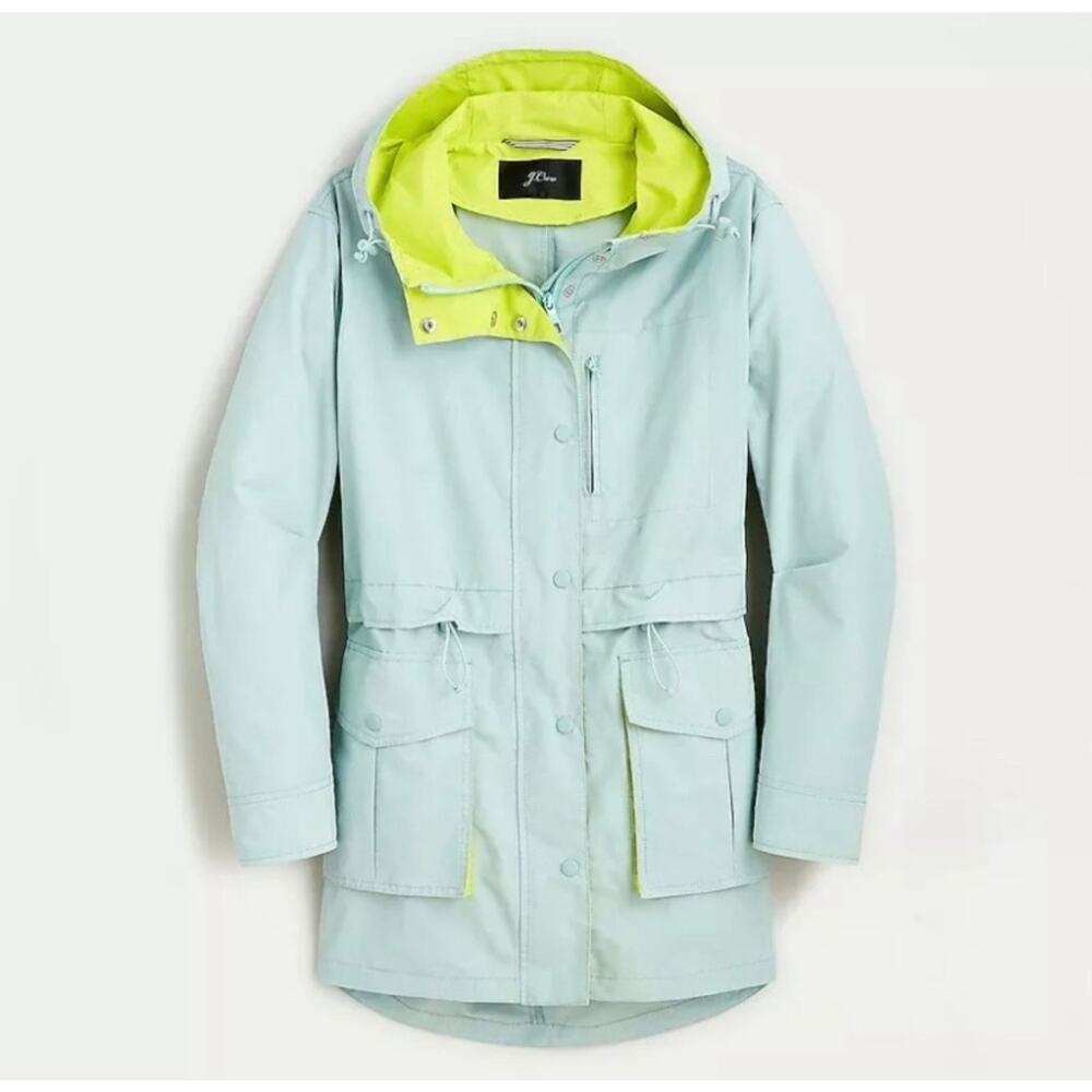New J. CREW Perfect Raincoat Sz XXS Petite Lightweight Hooded Mid-length Jacket
